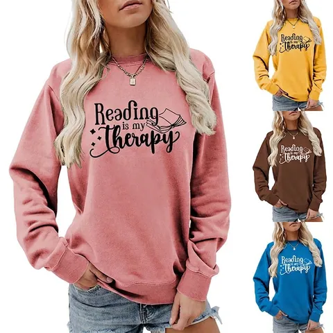 Felpa da Donna Girocollo Reading Is My Therapy Stampa Casual Ampia Manica Lunga Pullover Misto Cotone Moda Maglione