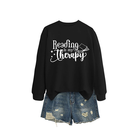 Felpa da Donna Girocollo Reading Is My Therapy Stampa Casual Ampia Manica Lunga Pullover Misto Cotone Moda Maglione