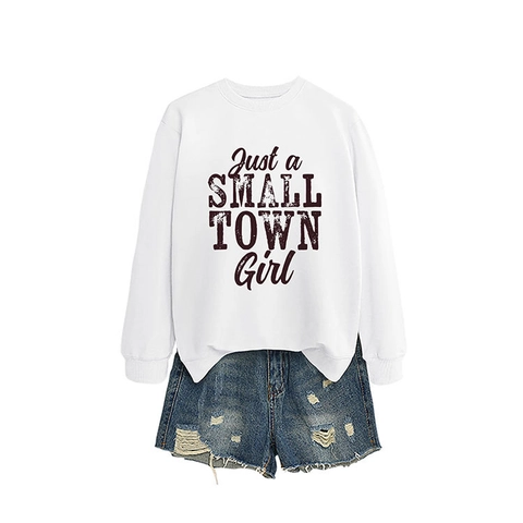 Felpa da Donna in Misto Cotone Casual Manica Lunga Girocollo Just A Small Town Girl Stampa Lettere Autunno Inverno Top