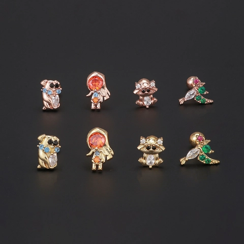 Stainless Steel Post Cartilage Stud Earrings Cartoon Animal Astronaut Dog Raccoon Bird Zirconia Inlaid Screw Back Earrings