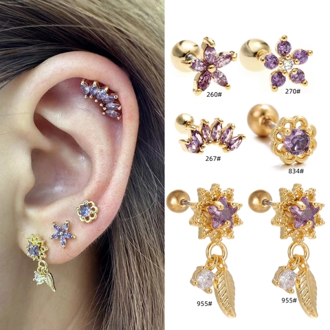 Koper Paarse Zirkonia Bloem Kraakbeen Oorknopjes Geometrische Ster Blad Hanger Piercing Sieraden Met Schroefbal Sluiting