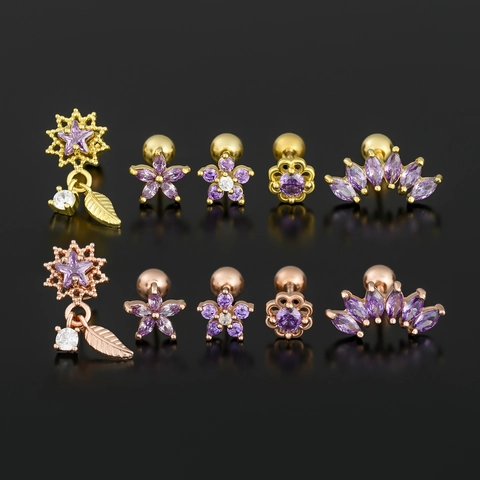 Koper Paarse Zirkonia Bloem Kraakbeen Oorknopjes Geometrische Ster Blad Hanger Piercing Sieraden Met Schroefbal Sluiting