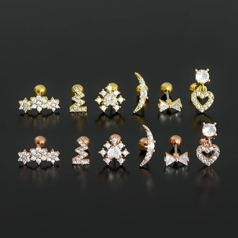 Koper Zirkonia Piercing Oorbellen Hart Vlinder Maan Bloem Kraakbeen Studs Mode Minimalistische Sieraden Vrouwen