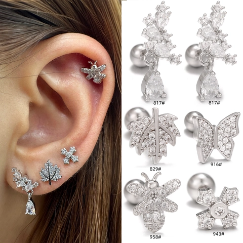 Copper Zirconia Leaf Butterfly Bee Ear Studs For Women Screw Back Cartilage Piercing Jewelry Trendy