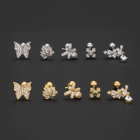 Copper Zirconia Leaf Butterfly Bee Ear Studs For Women Screw Back Cartilage Piercing Jewelry Trendy