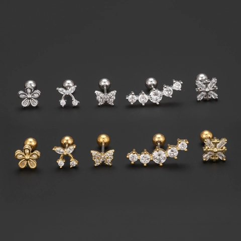 Zirconia Flower Butterfly Cartilage Stud Earrings Copper With Ball Screw Back Fashion Piercing Jewelry For Women