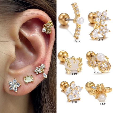 Edelstahl Schraubverschluss Ohrstecker Kupfer Zirkonia Blume Schmetterling Biene Piercing Schmuck Für Damen Mode Accessoire