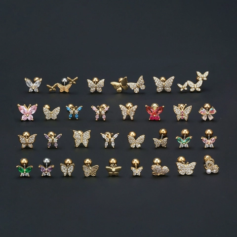 Butterfly Earring Studs Copper Zircon Stainless Steel Earring Post Screw Ball Back Piercing Jewelry Sweet Forest Style