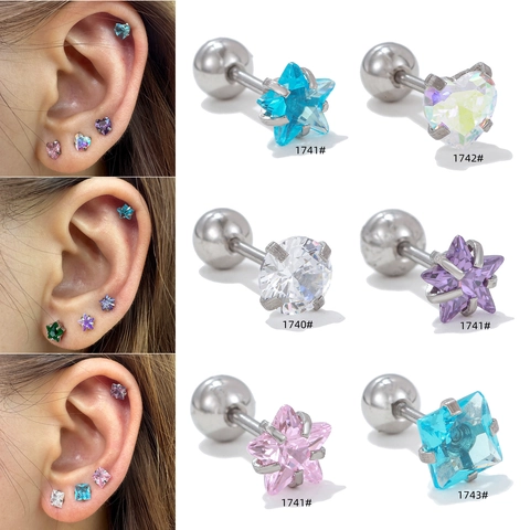 Semplici Orecchini a Bottone in Zirconia Colorata per Donna in Rame con Chiusura a Vite Cuore Stella Tondo Quadrato Gioielli Geometrici per Piercing