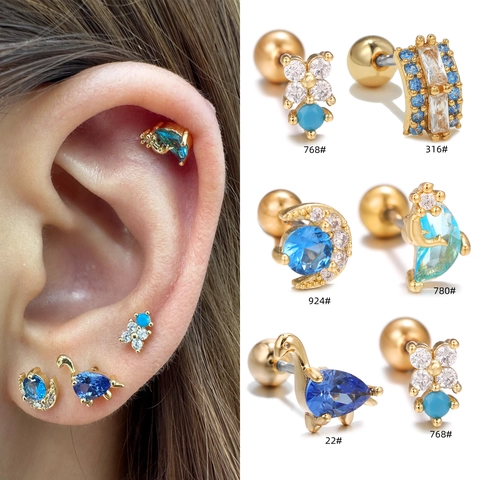 Dinosaur Moon Geometric Cartilage Stud Earrings Copper Blue Zircon Screw Ball Back Piercing Jewelry For Women Trendy