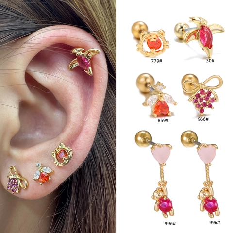 Tragus Helix Piercing Stud Earring Copper Jewelry With Cubic Zirconia Animal Bowknot Heart Ball Screw Back For Women