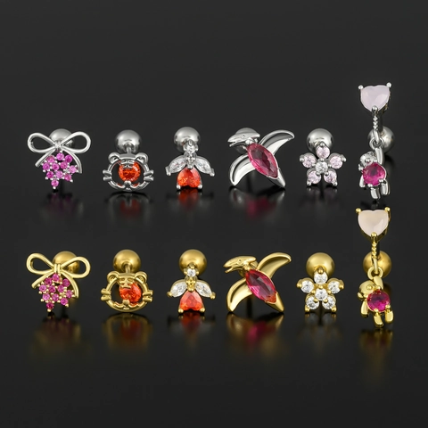 Tragus Helix Piercing Stud Earring Copper Jewelry With Cubic Zirconia Animal Bowknot Heart Ball Screw Back For Women