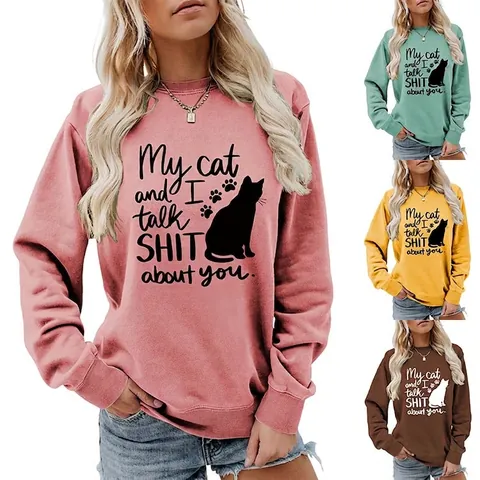 Damen Sweatshirt Und Denim Shorts Lustiger Katzen Slogan Print Baumwollmischung Rundhals Lässig Langarm Pullover