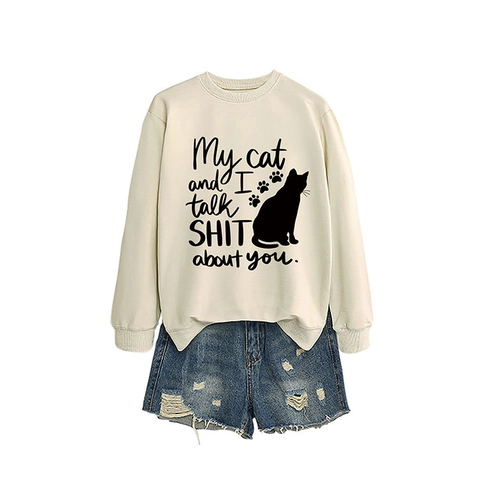 Damen Sweatshirt Und Denim Shorts Lustiger Katzen Slogan Print Baumwollmischung Rundhals Lässig Langarm Pullover