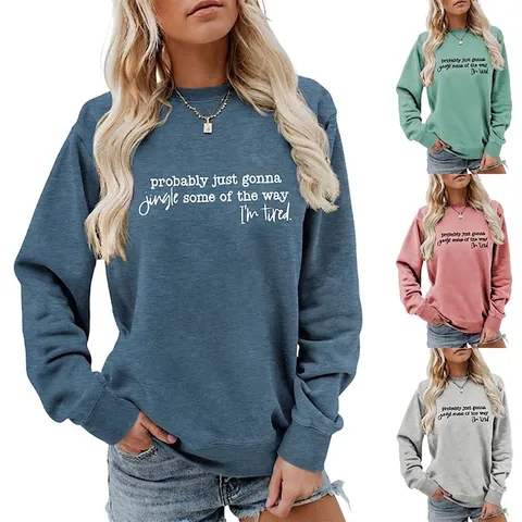 Sweat-shirt Femme Décontracté Col Rond Manches Longues Imprimé Slogan de Noël Pullover Ample en Mélange de Coton Automne Hiver