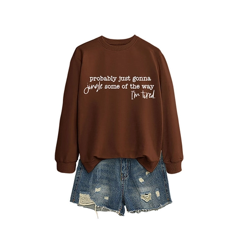 Sweat-shirt Femme Décontracté Col Rond Manches Longues Imprimé Slogan de Noël Pullover Ample en Mélange de Coton Automne Hiver
