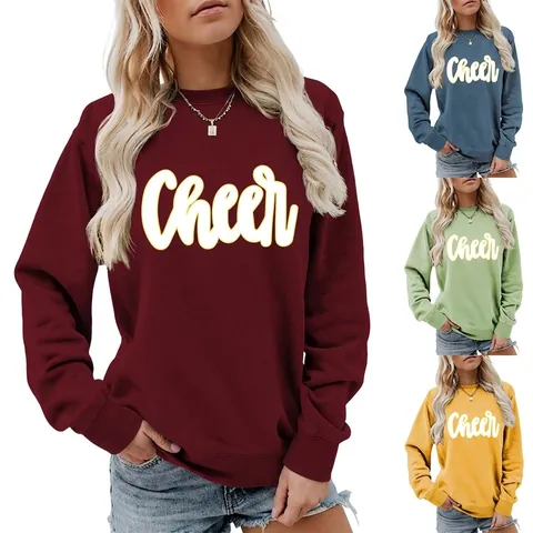 Damen Sweatshirt Baumwollmischung Langarm Rundhals Buchstaben Druck Cheer Locker Lässig Streetwear Herbst Winter Pullover