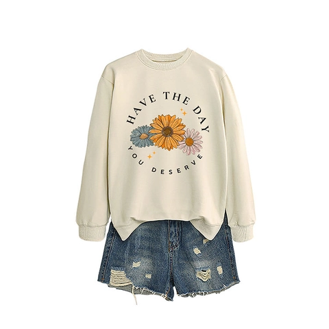 Have The Day You Deserve Damen Sweatshirt Sonnenblume Gänseblümchen Druck Rundhals Langarm Casual Baumwollmischung Pullover Top