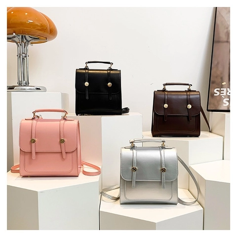 Minimalistischer Quadratischer Mini-Rucksack Damen Vintage PU-Leder Handtasche Mit Griff Verstellbarer Gurt Alltagstasche