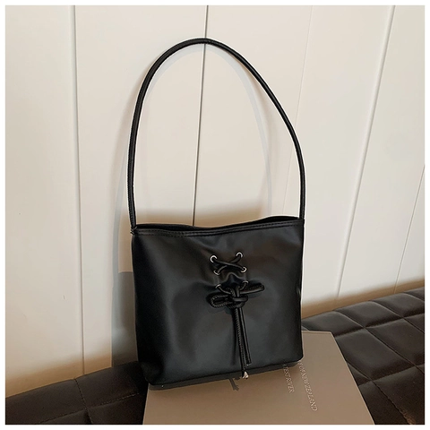 Borsa a Spalla da Donna in Pelle PU Con Coulisse Fiocco Minimalista Casual Secchiello Moda Borsa a Mano Sottobraccio
