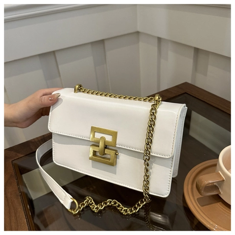 Shoulder Bag PU Leather Geometric Metal Lock Chain Strap Small Square Crossbody Bag Chic Minimalist Daily Work For Women