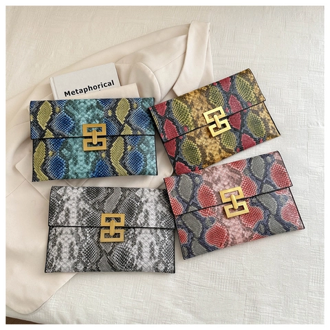 Pochette a Busta da Donna Alla Moda in Pelle PU con Motivo a Serpente Coccodrillo Fibbia Dorata Borsa da Sera Sottile Festa