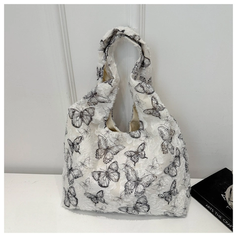 Damen Mode Schmetterlingsdruck Tragetasche Große Kapazität Strukturierter Plüschstoff Schultertasche Lässig Vielseitige Alltagshandtasche
