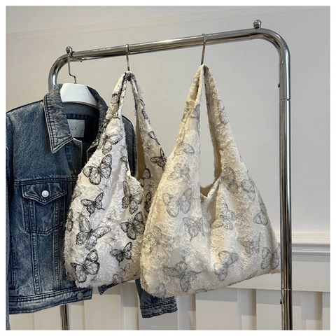 Damen Mode Schmetterlingsdruck Tragetasche Große Kapazität Strukturierter Plüschstoff Schultertasche Lässig Vielseitige Alltagshandtasche