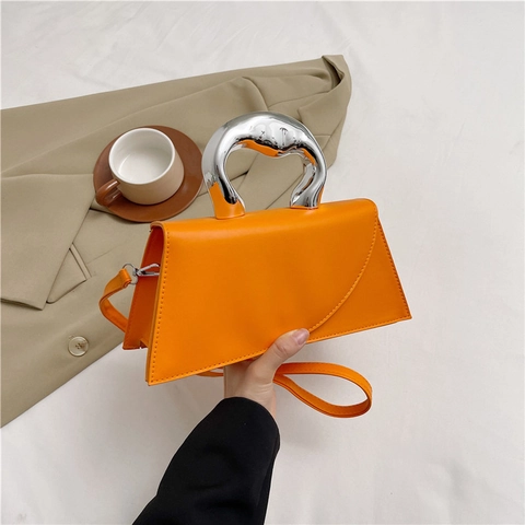 Fashion Women PU Leather Shoulder Bag Irregular Metal Handle Crossbody Bag Urban Minimalist Small Square Handbag For Daily Commute