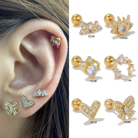 Heart Butterfly Evil Eye Cartilage Stud Earrings Copper Zircon Inlaid Stainless Steel Post Screw Back Piercing Jewelry