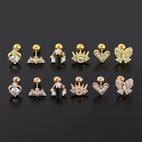 Heart Butterfly Evil Eye Cartilage Stud Earrings Copper Zircon Inlaid Stainless Steel Post Screw Back Piercing Jewelry