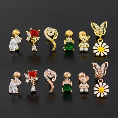 Zirconia Stud Earrings Butterfly Snake Bear Heart Square Design Copper Screw Back Cartilage Piercing Jewelry For Women