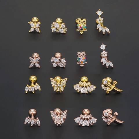 Copper Stud Earrings With Cubic Zirconia Butterfly Owl Sword Shapes Screw Ball Back Women Fashion Cartilage Jewelry