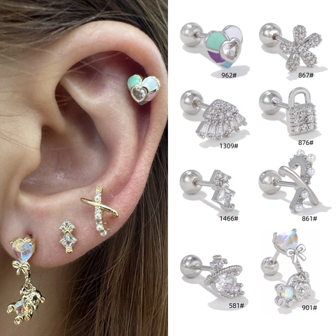 Stainless Steel Cartilage Earrings For Women Copper Heart Bear Flower Screw Back Piercing Stud Earrings Zircon Enamel Jewelry