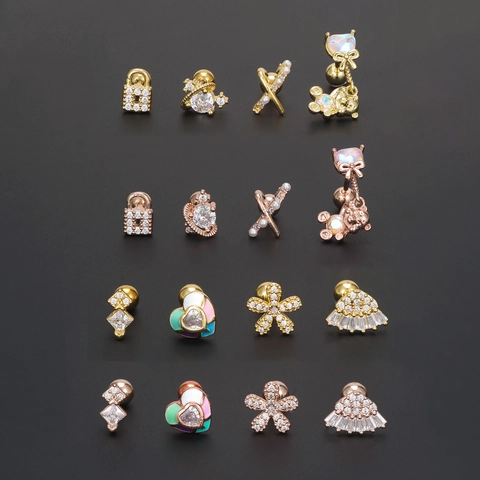 Stainless Steel Cartilage Earrings For Women Copper Heart Bear Flower Screw Back Piercing Stud Earrings Zircon Enamel Jewelry