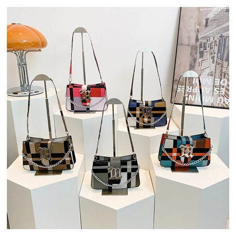 Vintage Plaid Pattern Shoulder Bag Women PU Leather Metal M Buckle Contrast Color Crossbody Bag Fashion Small Square Bag
