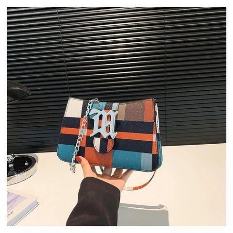 Vintage Plaid Pattern Shoulder Bag Women PU Leather Metal M Buckle Contrast Color Crossbody Bag Fashion Small Square Bag