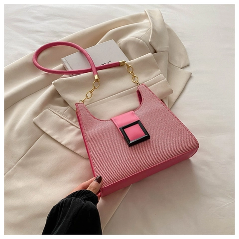 Women Vintage Woven Texture Shoulder Bag PU Leather Square Buckle Metal Chain Strap Small Square Underarm Crossbody Bag