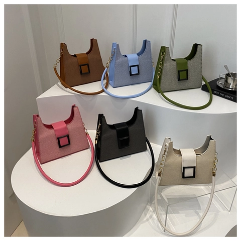 Women Vintage Woven Texture Shoulder Bag PU Leather Square Buckle Metal Chain Strap Small Square Underarm Crossbody Bag