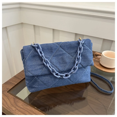 Vintage Quilted Denim Shoulder Bag With Plastic Chain Decor Casual Crossbody Square Flap Bag For Women Daily Match