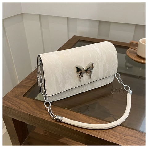 Women Shoulder Bag PU Leather Butterfly Buckle Metal Chain Wrinkled Texture Chic Underarm Flap Small Square Handbag