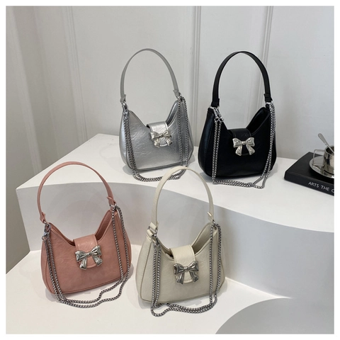 Women Bow Shoulder Bag PU Leather Half Moon Hobo Bag Chain Strap Elegant Solid Color Crossbody Handbag For Dating Party