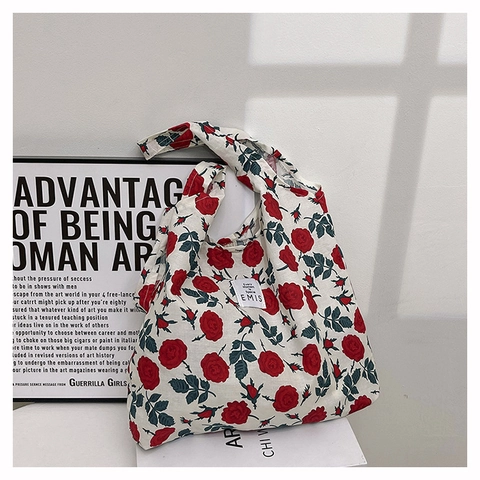 Bolso de Mano de Lona con Flores para Mujer Gran Capacidad Ligero Plegable Bolso de Compras Ecológico Estilo Coreano Estampado Floral