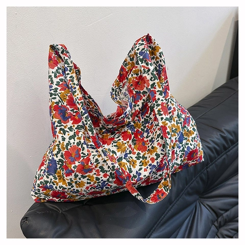 Bolso Tote Vintage Con Estampado Floral De Gran Capacidad Bolso De Hombro De Nailon Ligero Para Mujer Bolso De Compras Plegable Casual Estilo Boho
