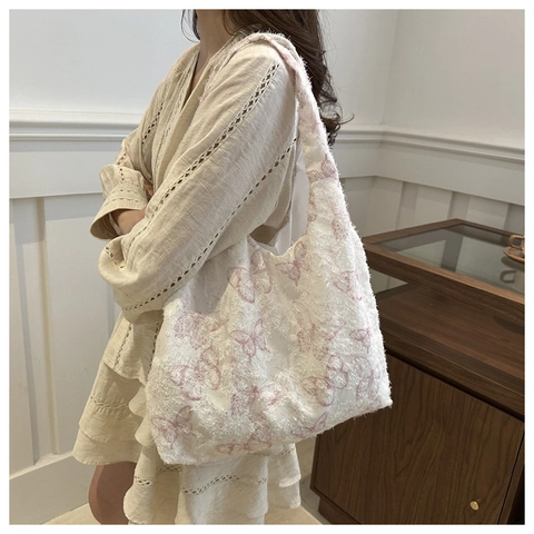 Borsa A Spalla Con Ricamo A Farfalla Donna Grande Capacità Tessuto Strutturato Con Frange Elegante Borsa A Mano Leggera Estate