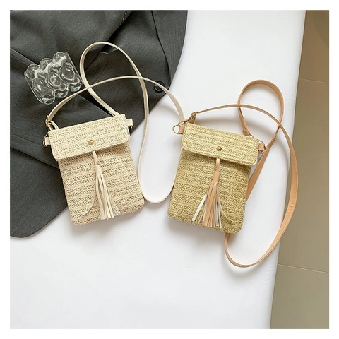 Vintage Straw Woven Mobile Phone Bag For Women Summer Pastoral Style Small Square Crossbody Bag With Tassel Decoration Casual Shoulder Bag