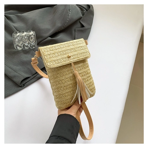 Vintage Straw Woven Mobile Phone Bag For Women Summer Pastoral Style Small Square Crossbody Bag With Tassel Decoration Casual Shoulder Bag