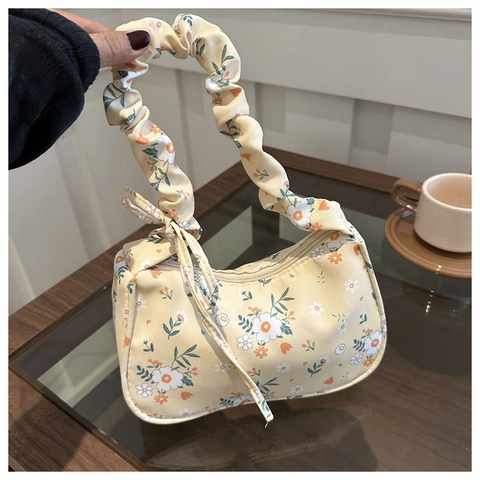 Piccola Borsa Sottobraccio In Tela Floreale Da Donna Con Tracolla Arricciata E Fiocco Stile Pastorale