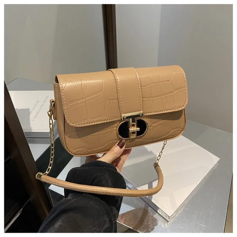 Women Shoulder Crossbody Bag Crocodile Pattern PU Leather Square Flip Purse With Gold Metal Chain Strap Elegant