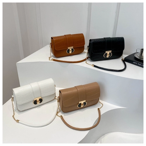 Women Shoulder Crossbody Bag Crocodile Pattern PU Leather Square Flip Purse With Gold Metal Chain Strap Elegant
